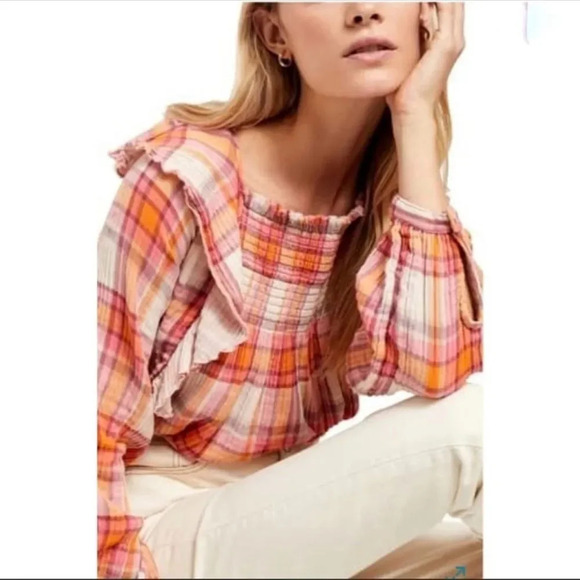 Free People Women's Siena Plaid Pullover Boho Bohemian Top with Ruffles size Med - Picture 3 of 9